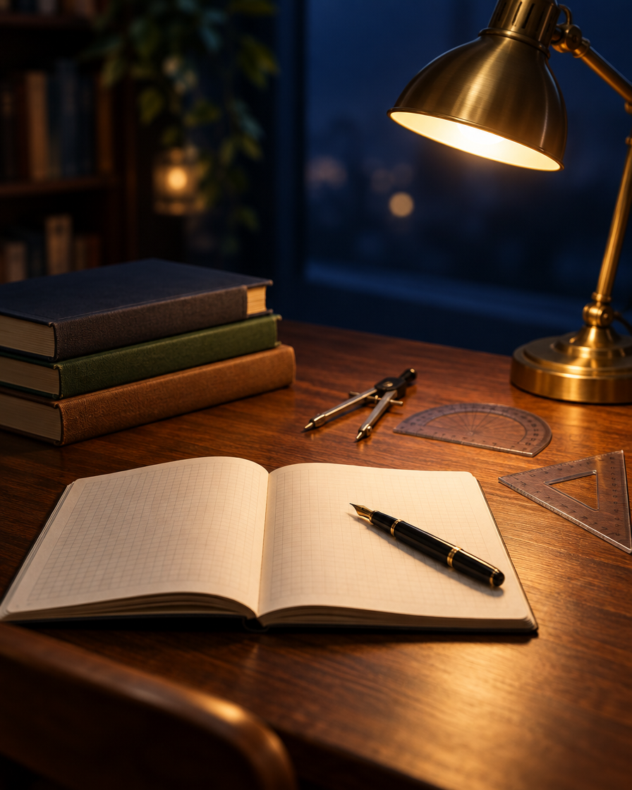 Mesa de estudos com material de matemática e física iluminada por luminária, em ambiente azul marinho
