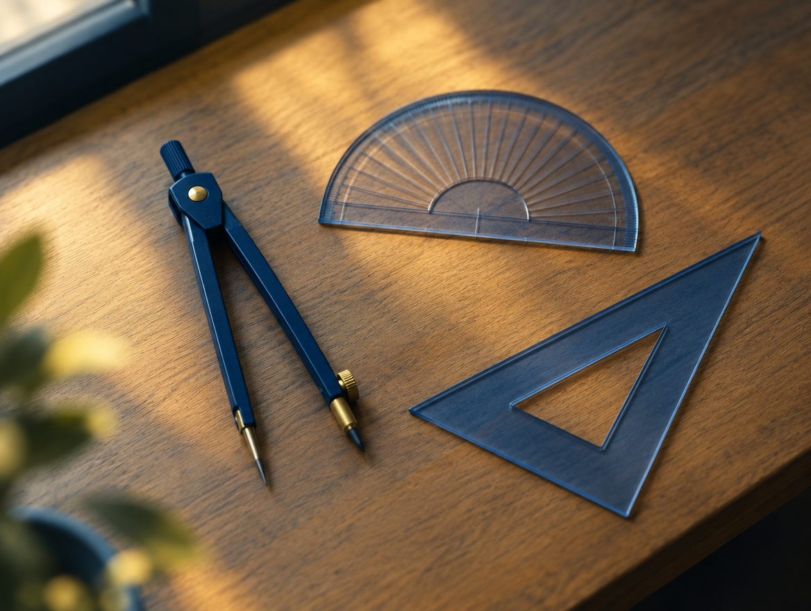 Instrumentos de geometria sobre uma mesa de madeira