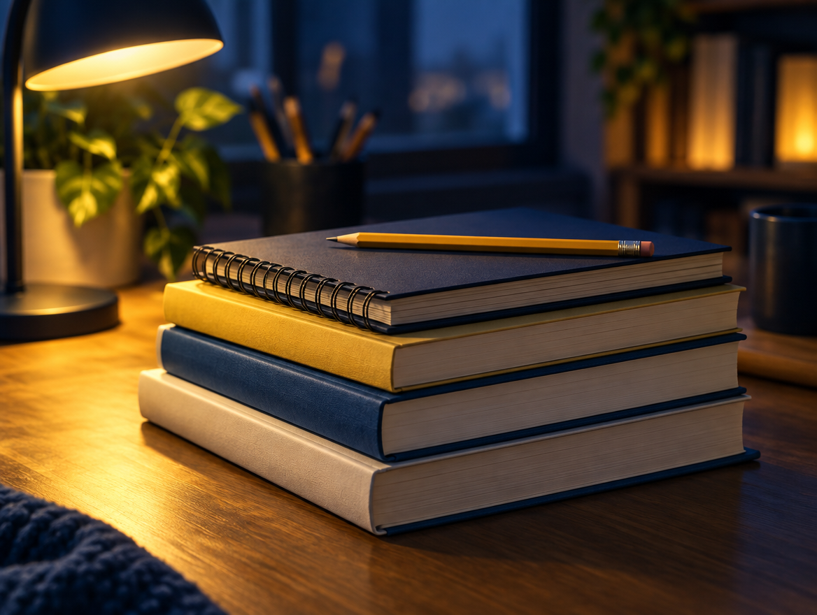 Pilha de livros de estudo com caderno e lápis